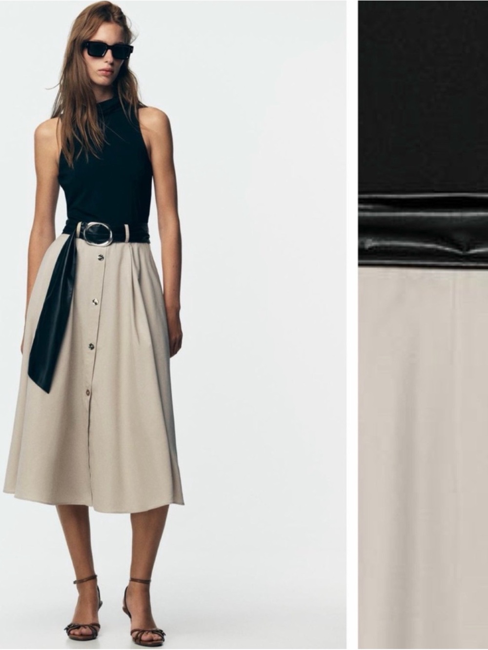 Zara Black Sleeveless Turtleneck with Beige Button-Front Maxi Skirt